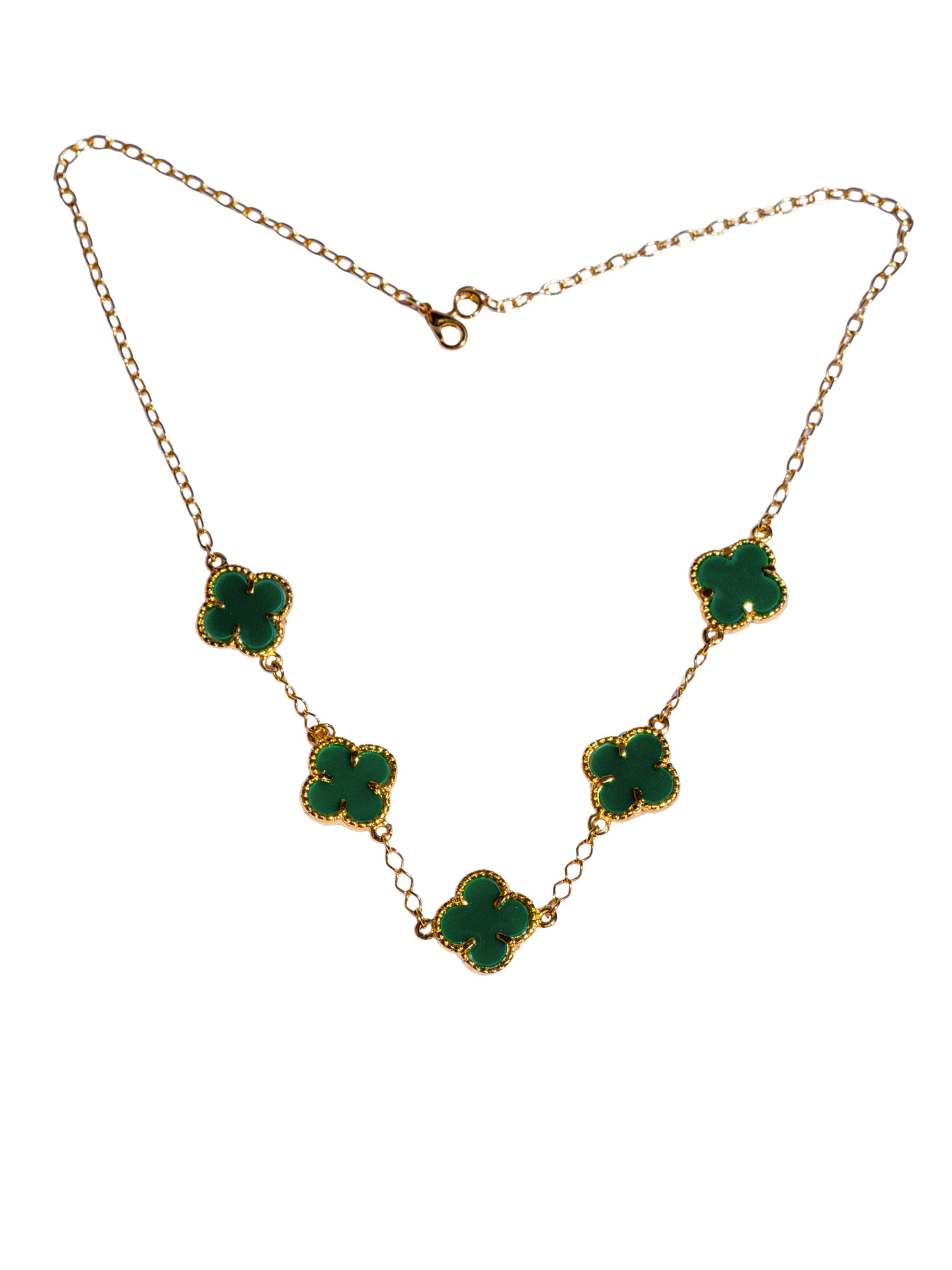 Colar 5 Trevos Verde Banhado a Ouro 18k